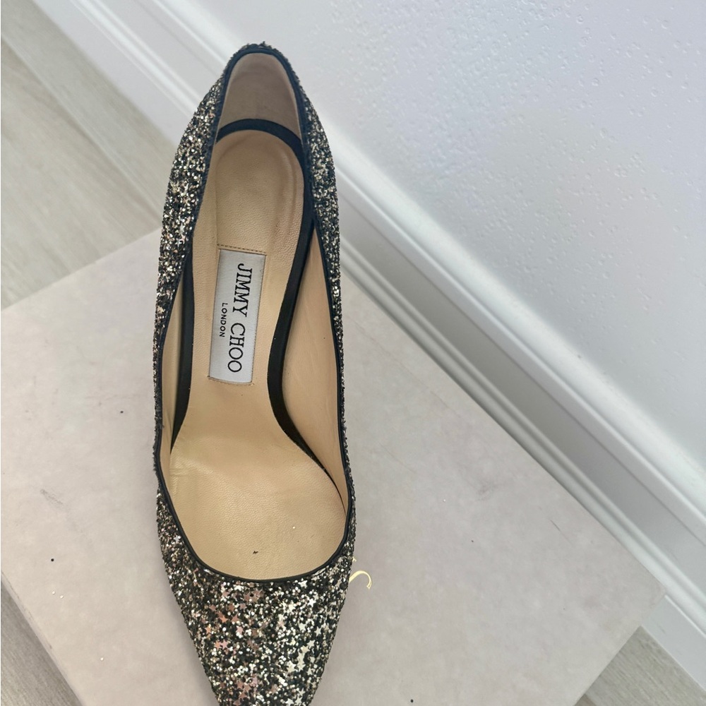 Jimmy Choo Black and Silver Glitter Pointed Toe Stilettos - Picture 7 of 8